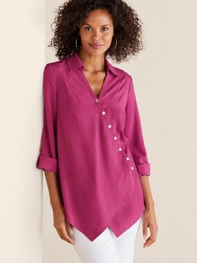 Soft Surroundings Tencel Wrap Tunic Magenta Pink Asymmetrical Button Top PL